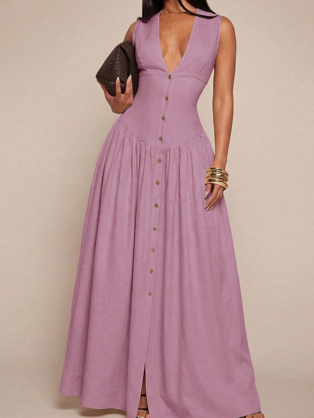 Purple Elegant Women's Minimalist V-Neck Cinched Button Front Shirt dress - Picture 6 of 6